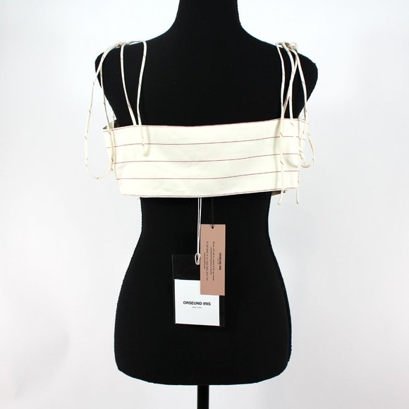 Orseund Iris Cha Cha Ivory Red Stripe Pleated Poplin Tie Front Bra Top NEW L - Picture 5 of 9